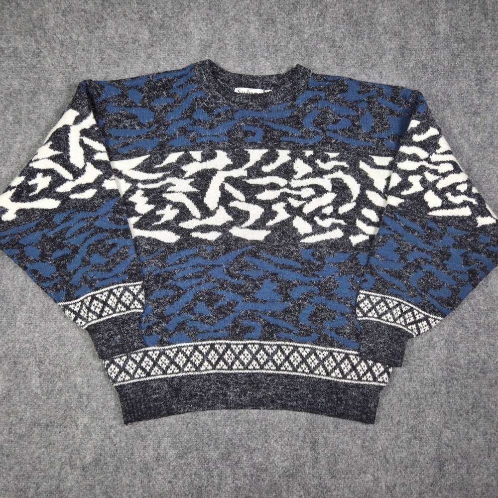 Vintage 80s 90s Santana Ltd Abstract Knit Sweater Mens L Blue Cosby Coogi Style‎